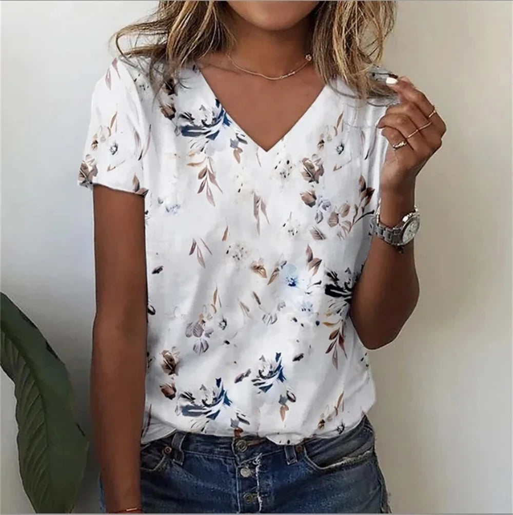 Vintage Floral 3D Print V‑Neck Tee – Oversized Harajuku Style