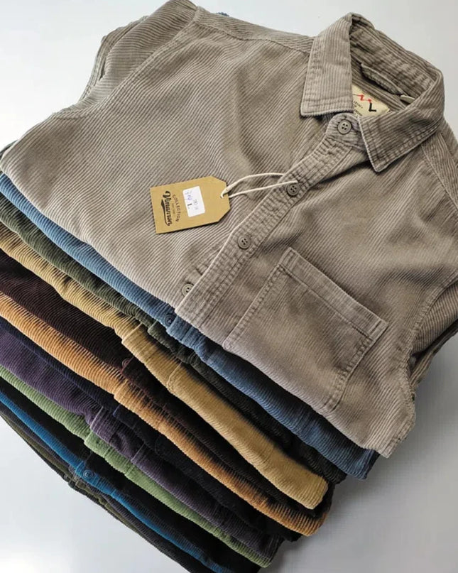 Vintage Retro Corduroy Button-Down Shirt Men –  Cotton Long Sleeve