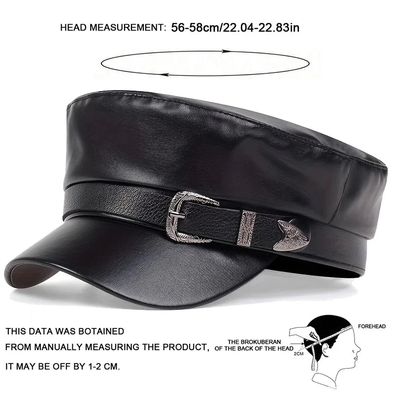 Leather Beret Cap Autumn Belt Buckle Flat Top Captain Hat