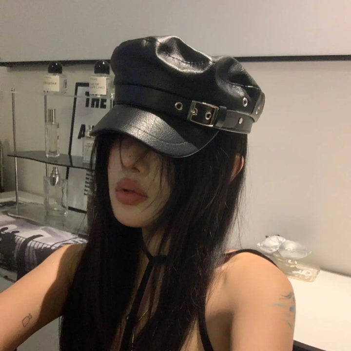 Winter Beret Women Black PU Leather Y2K Punk Newsboy Cap