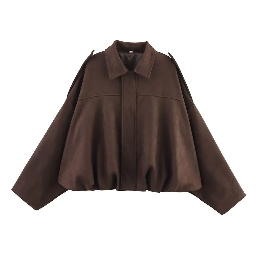 Women Oversized Suede Bomber Jacket Casual Zip Up-HighTouch