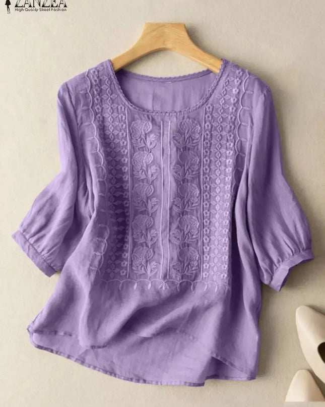 Vintage Lace Crochet Blouse – Elegant 3/4 Sleeve Embroidered Top