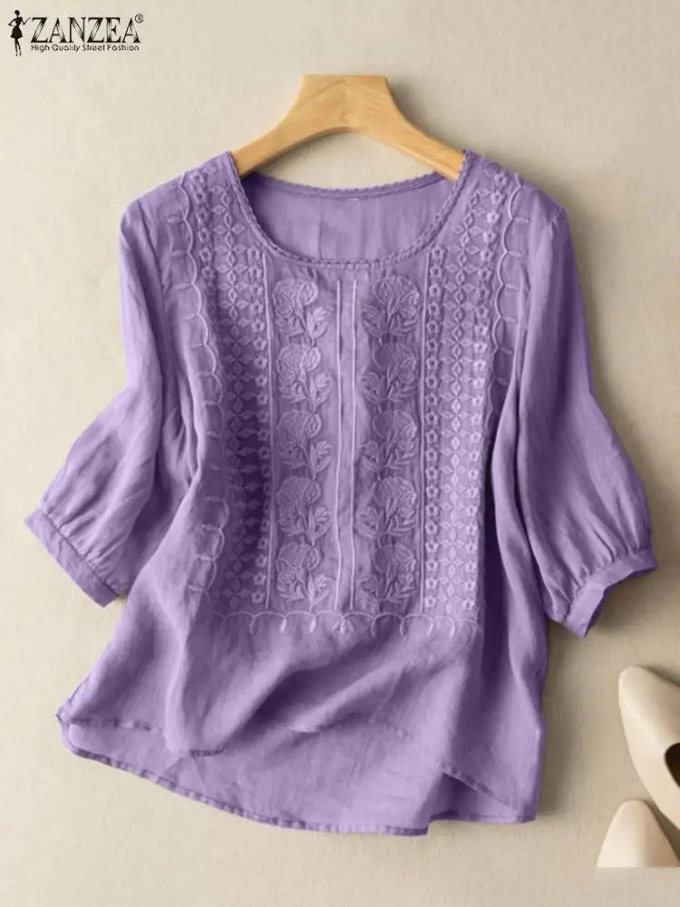 Vintage Lace Crochet Blouse – Elegant 3/4 Sleeve Embroidered Top-HighTouch
