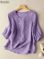 Vintage Lace Crochet Blouse – Elegant 3/4 Sleeve Embroidered Top-HighTouch