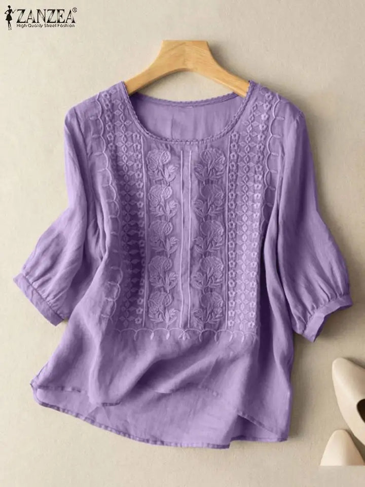 Vintage Lace Crochet Blouse – Elegant 3/4 Sleeve Embroidered Top-HighTouch