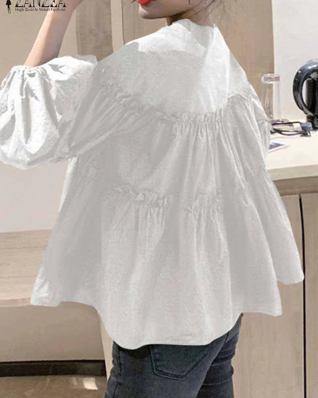 Zanzea Elegant Puff Sleeve Ruffle Blouse – Women’s Tunic Shirt