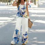 Simple Sleeveless Printed Vest Long Pants Set