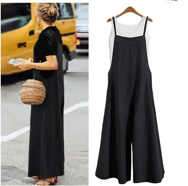 Cotton-Linen Wide-Leg Bib Jumpsuit-HighTouch