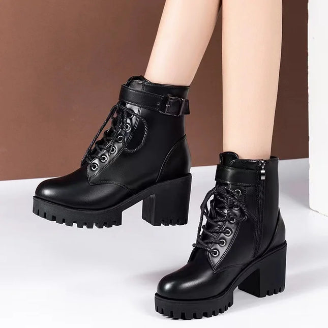 Autumn Women's Chunky Heeled Short Boots Round Toe Lace Up High Heels Solid Color Waterproof Platform Motorcycle Boots for Women