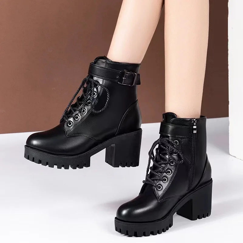 Autumn Women's Chunky Heeled Short Boots Round Toe Lace Up High Heels Solid Color Waterproof Platform Motorcycle Boots for Women-HighTouch