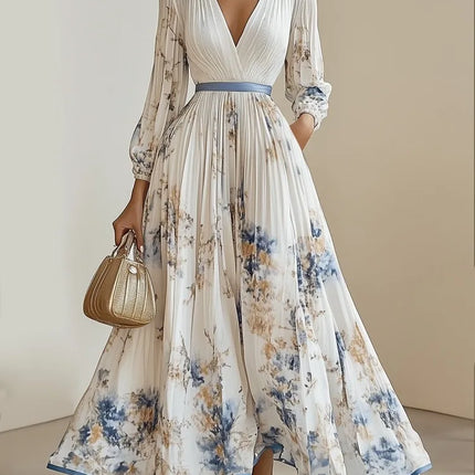 Bohemian Summer Beach Dress Sleeveless Floral Print V-Neck Flowy Maxi Dress for Women Resort Holiday Party Casual Outfit Fashion