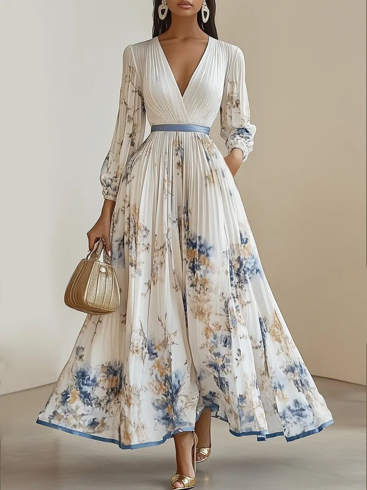 Bohemian Summer Beach Dress – Sleeveless Floral Print V-Neck Flowy Maxi Dress for Women-HighTouch