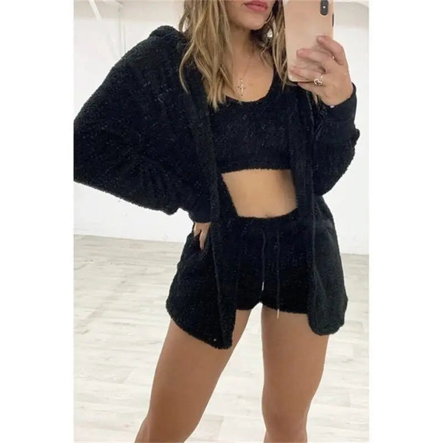 Women’s Plush 3-Piece Loungewear Set – Vest, Hoodie & Shorts for Ultimate Comfort