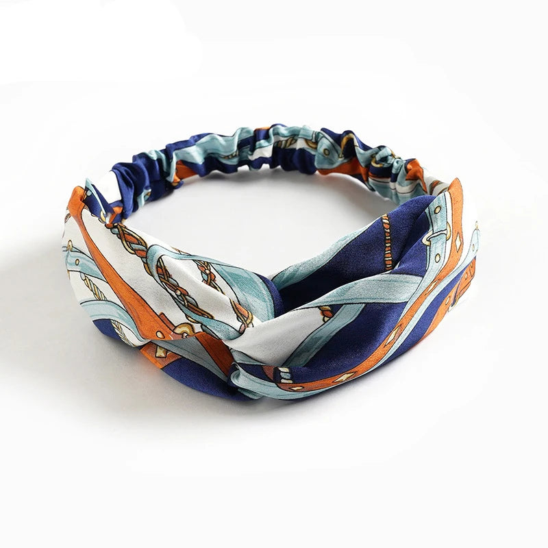 Vintage Boho Printed Cross Turban Headband – Wide Stretchy Fabric Band