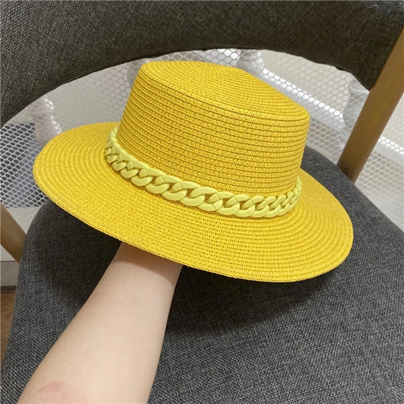 Adjustable Flat‑Top Yellow Straw Fedora