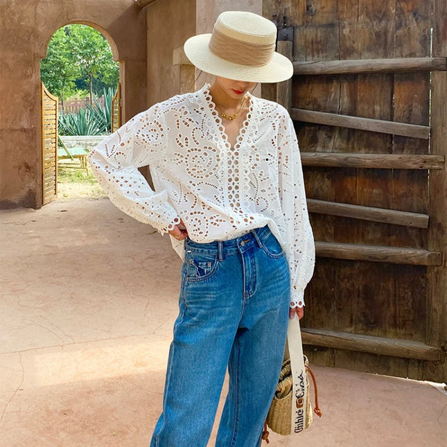 White Floral Eyelet Cotton Blouse – Long Sleeve V-Neck Top