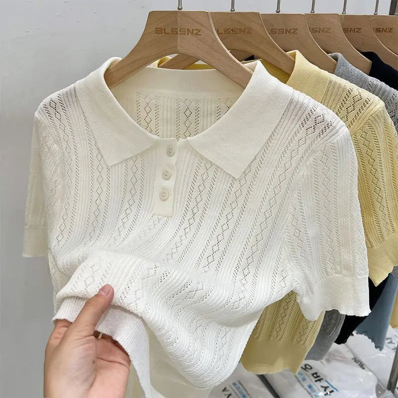 Matakawa Hollow Knit Tee – Korean Summer Elegance-HighTouch