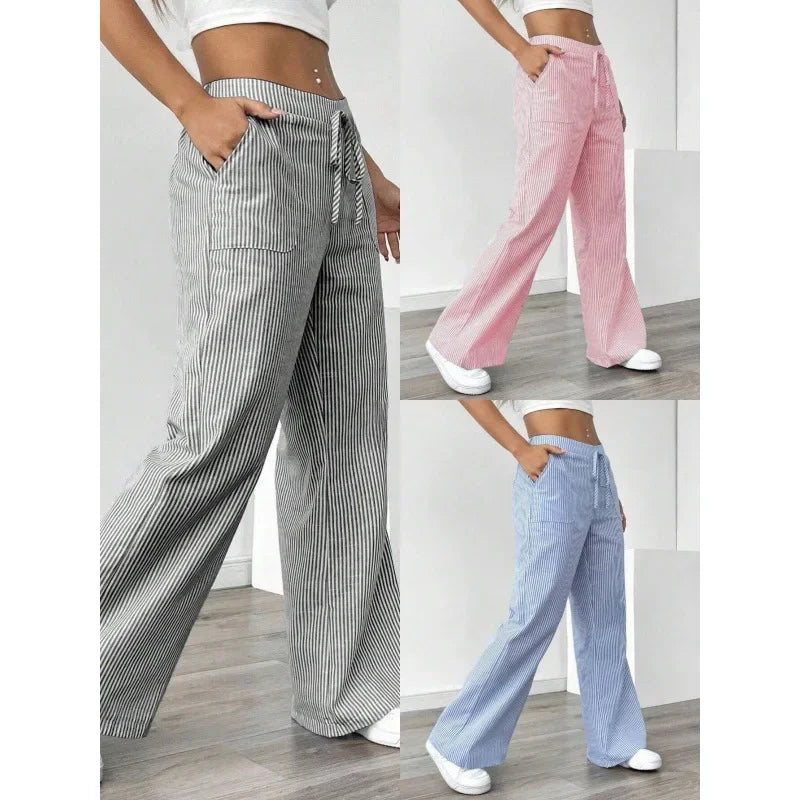 Women’s High-Waisted Loose Wide-Leg Striped Trousers-HighTouch