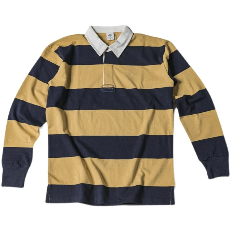 Heavyweight Striped Long-Sleeve Collared Tee – Autumn / Winter Men’s Stand Fit