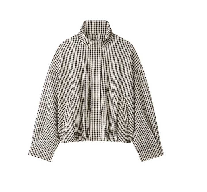 Women's Plaid High Neck Bomber Jacket - Fall Zip-Up Coat