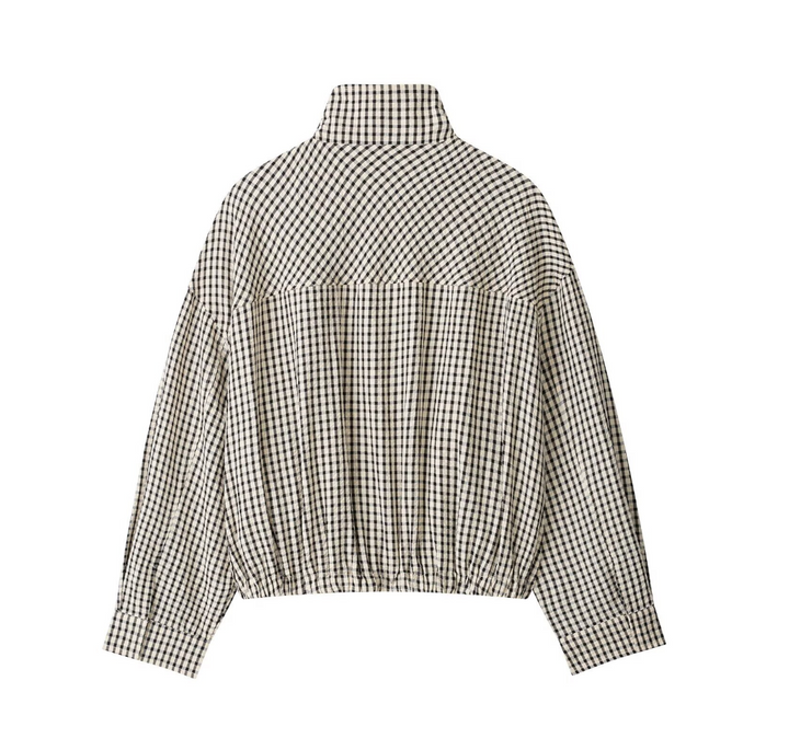 Women's Plaid High Neck Bomber Jacket - Fall Zip-Up Coat