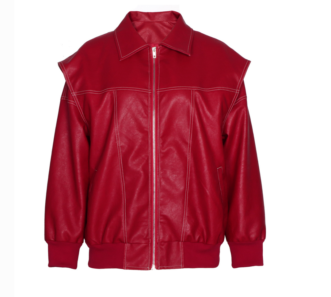Bask Women's Oversized Red Leather Bomber Jacket - Flight Coat