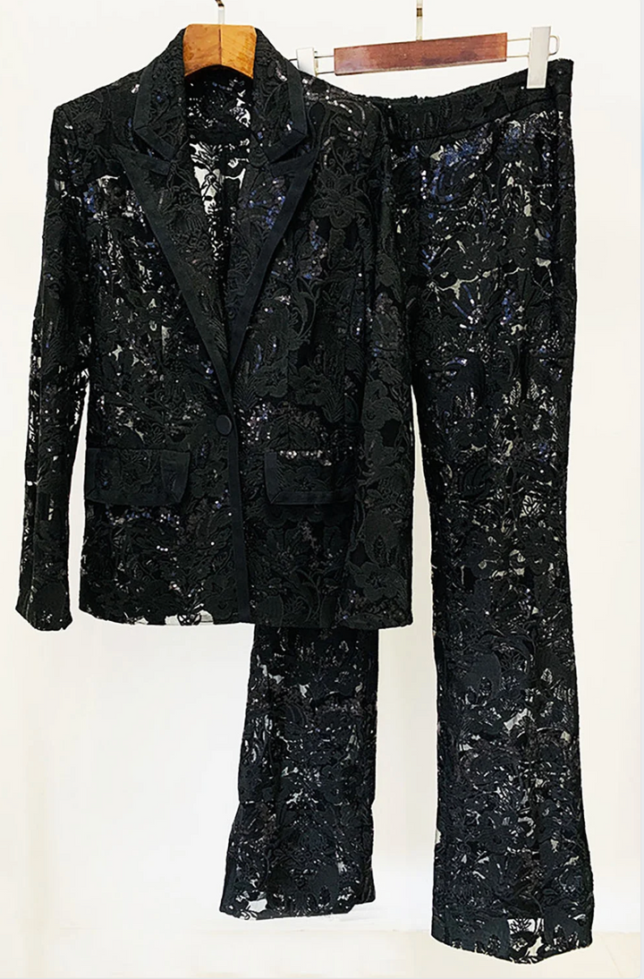 Jett | Sequin Lace Embroidered Blazer & Pants Two Piece Set