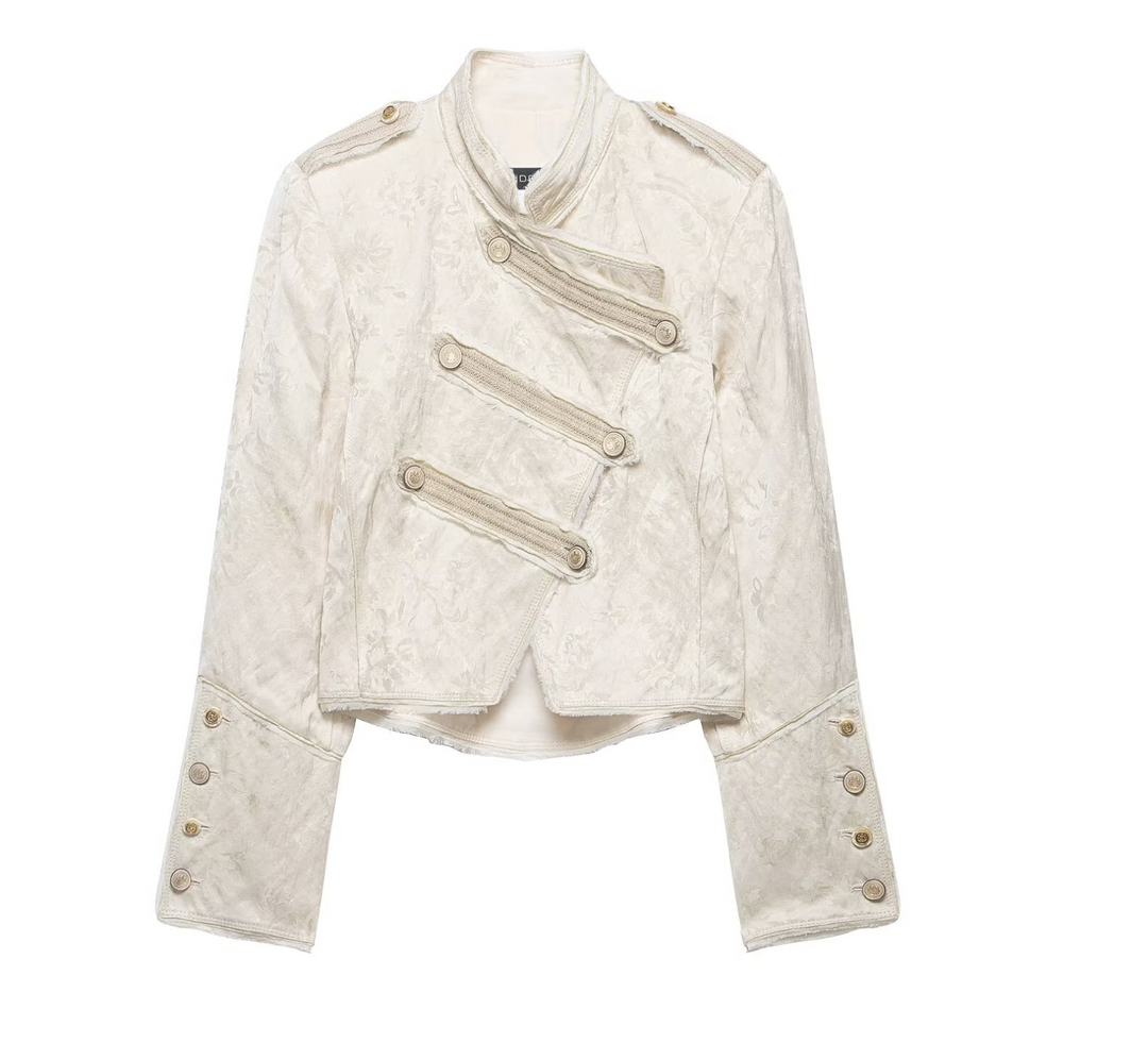 Women's Cream Jacquard Military Jacket - Cropped Button Coat