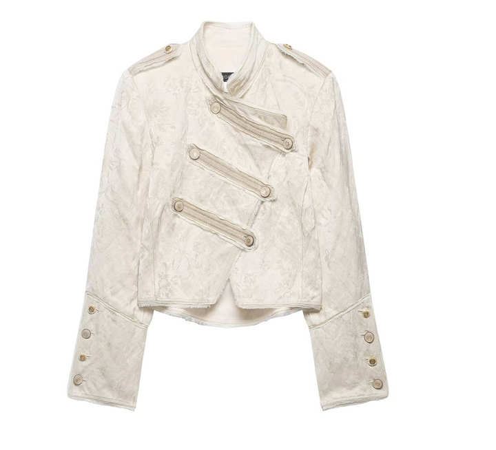 Women's Cream Jacquard Military Jacket - Cropped Button Coat