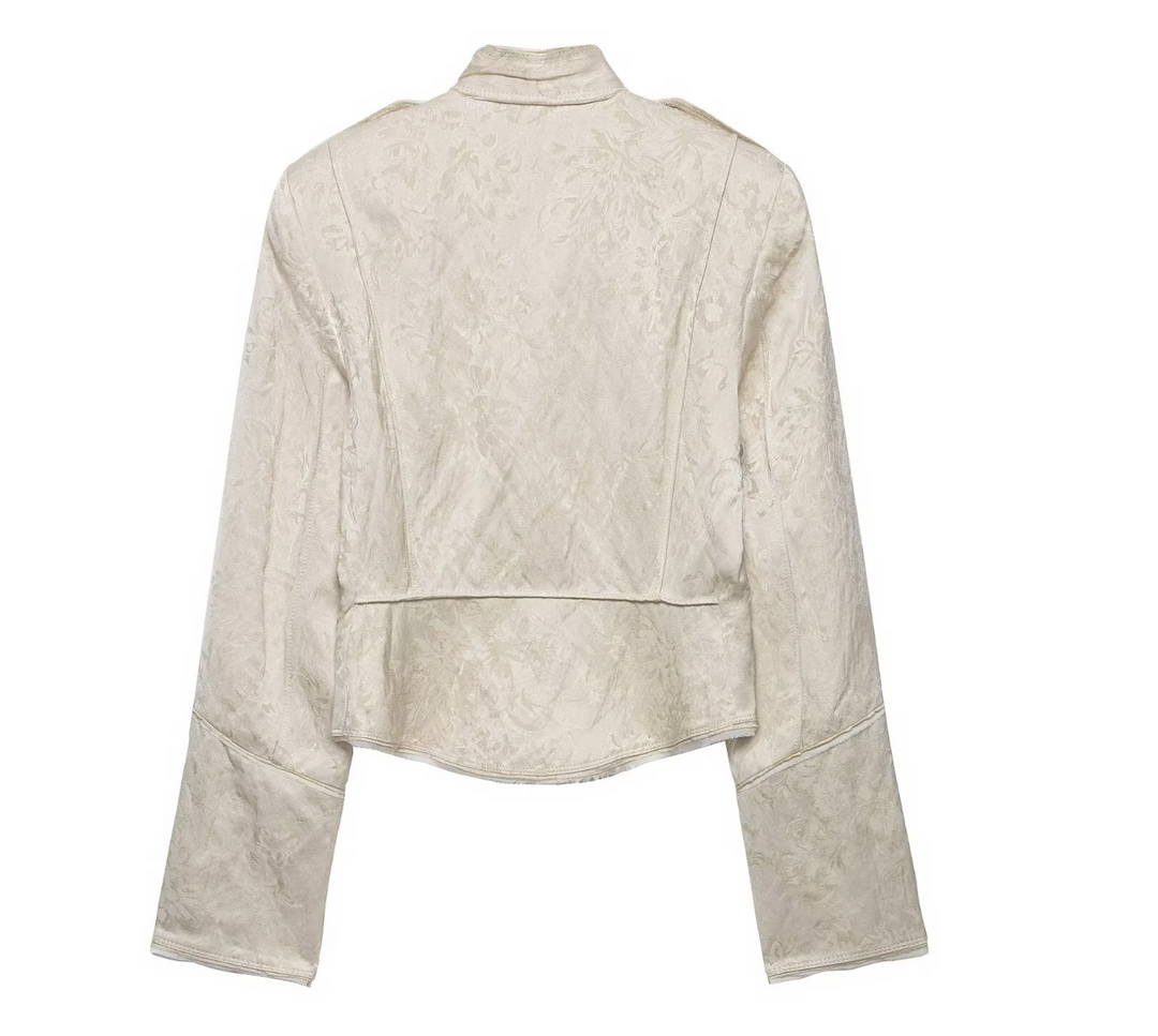 Women's Cream Jacquard Military Jacket - Cropped Button Coat