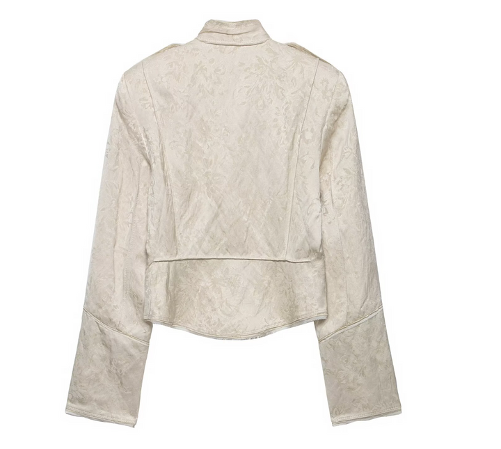 Women's Cream Jacquard Military Jacket - Cropped Button Coat