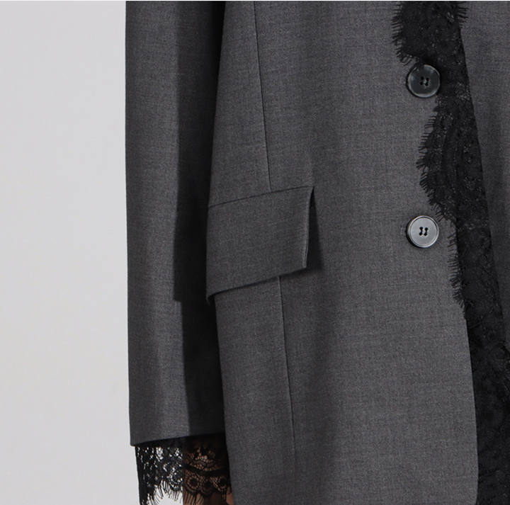 Women's Black Lace Trim Blazer - Slim Fit V-Neck Jacket Coat