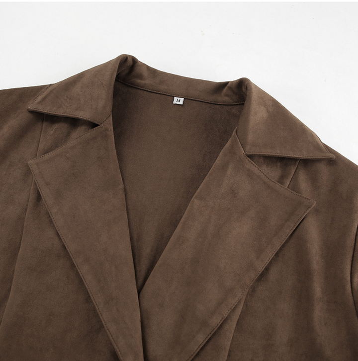 Women's Brown Suede Peplum Belted Jacket - Fitted Moto Coat