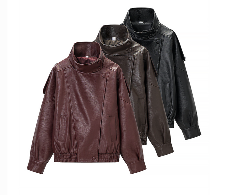 Women's Relaxed Fit Faux Leather Bomber - Zip Up Moto Jacket