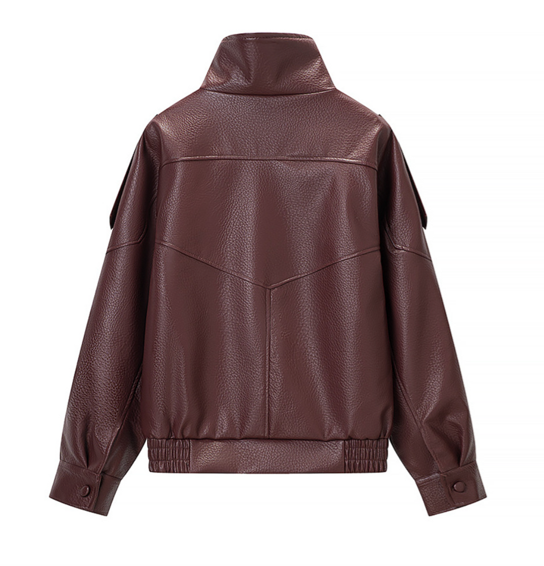 Women's Relaxed Fit Faux Leather Bomber - Zip Up Moto Jacket