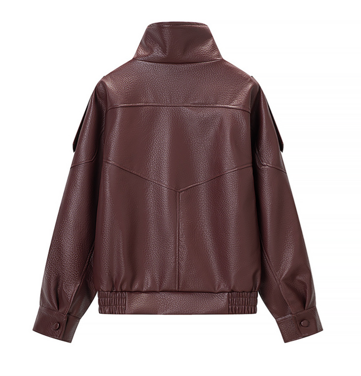 Women's Relaxed Fit Faux Leather Bomber - Zip Up Moto Jacket