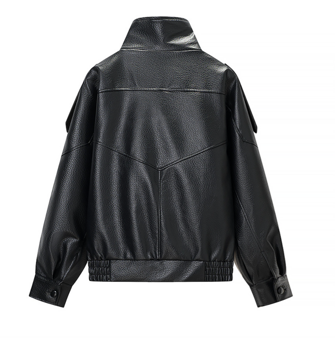 Women's Relaxed Fit Faux Leather Bomber - Zip Up Moto Jacket