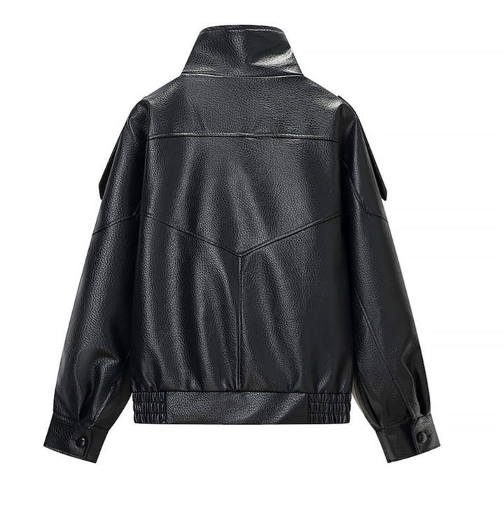 Women's Relaxed Fit Faux Leather Bomber - Zip Up Moto Jacket