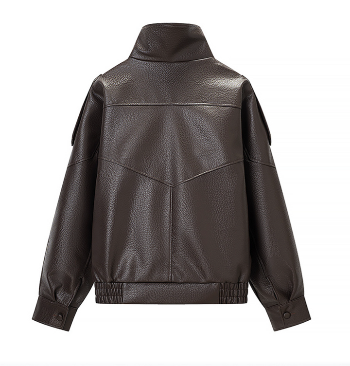 Women's Relaxed Fit Faux Leather Bomber - Zip Up Moto Jacket