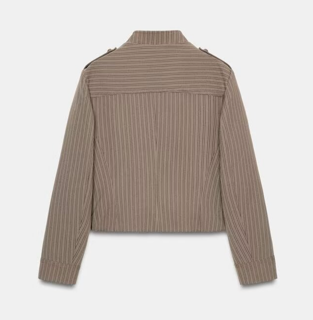 Tale | Brown Pinstripe Military Cropped Jacket