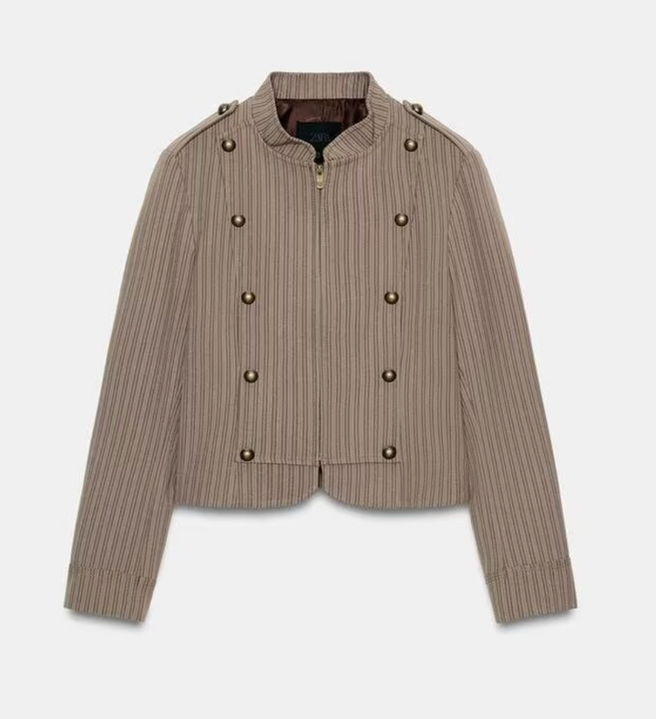 Tale | Brown Pinstripe Military Cropped Jacket
