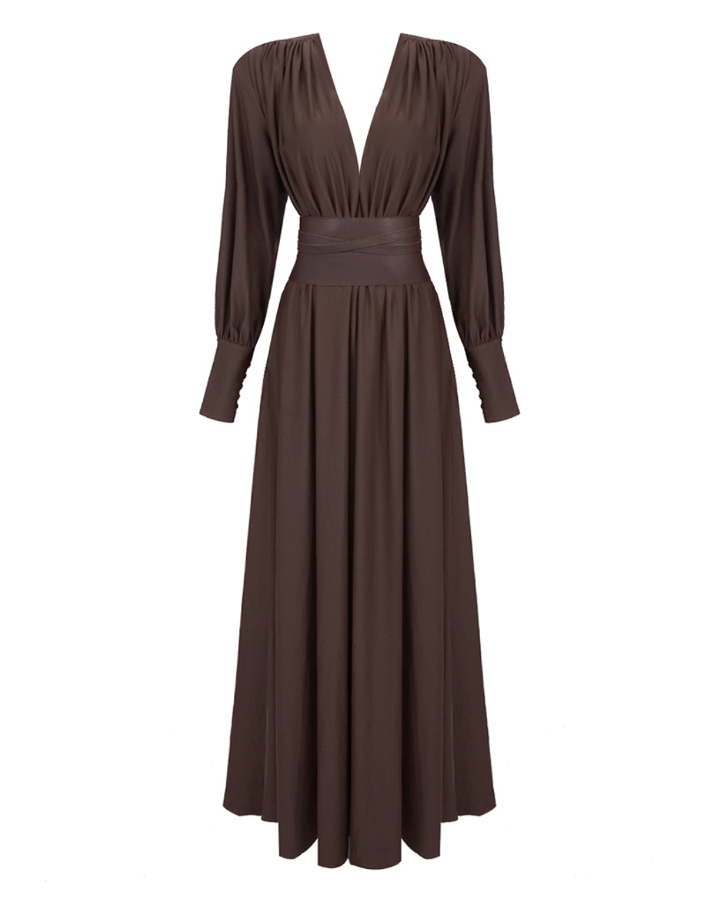 Tie | Chocolate Brown Deep V Balloon Sleeve Belted Maxi Dress