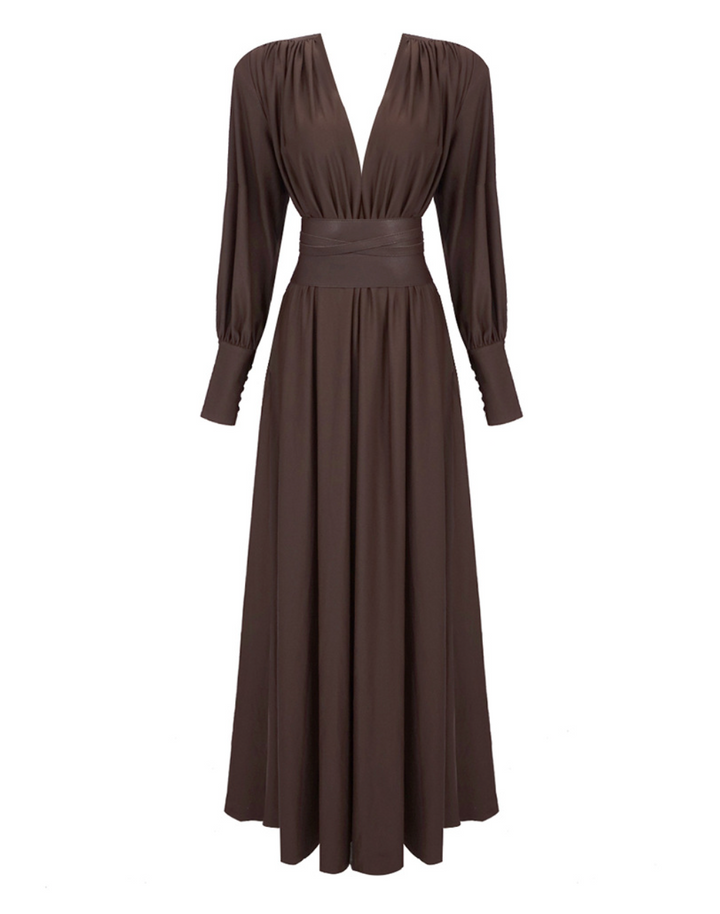 Tie | Chocolate Brown Deep V Balloon Sleeve Belted Maxi Dress