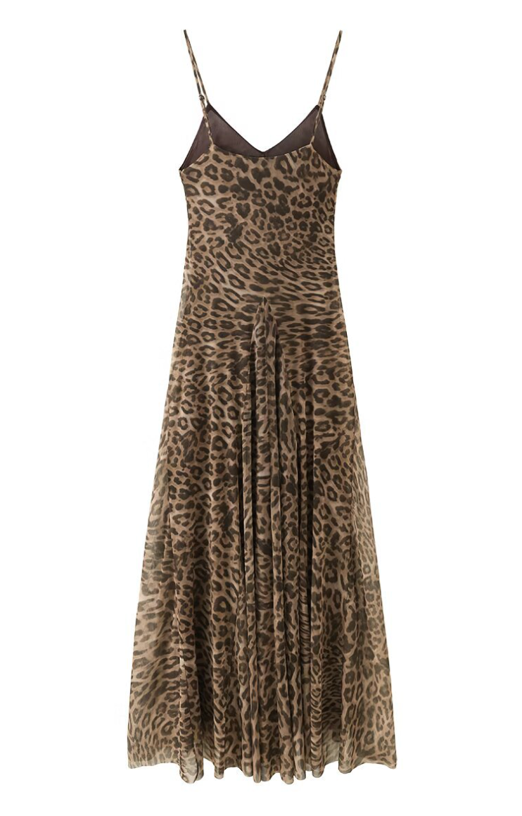 Leap | Leopard Print Mesh V Neck Slip Maxi Dress