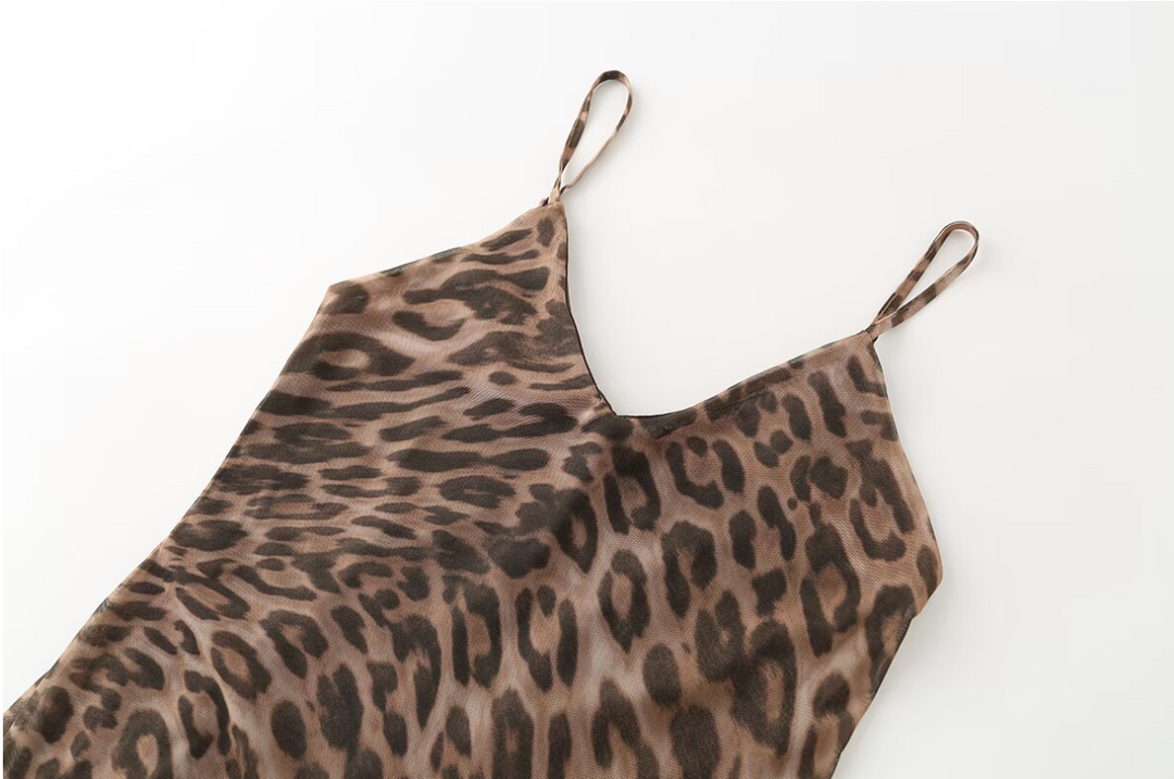 Leap | Leopard Print Mesh V Neck Slip Maxi Dress