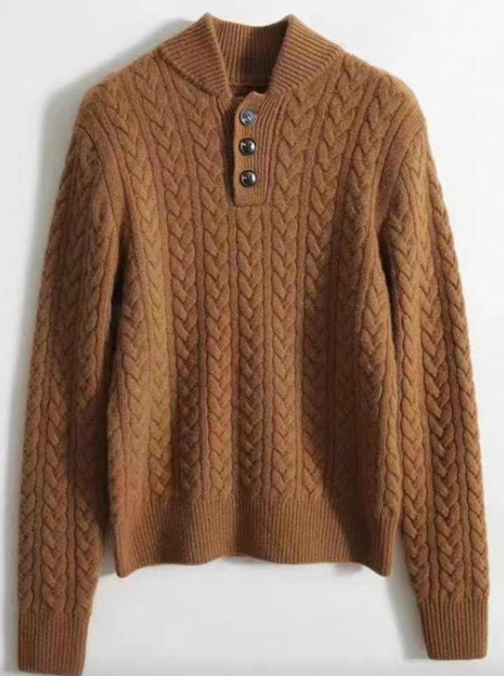 Snug | Camel Cable Knit Button Mock Neck Sweater