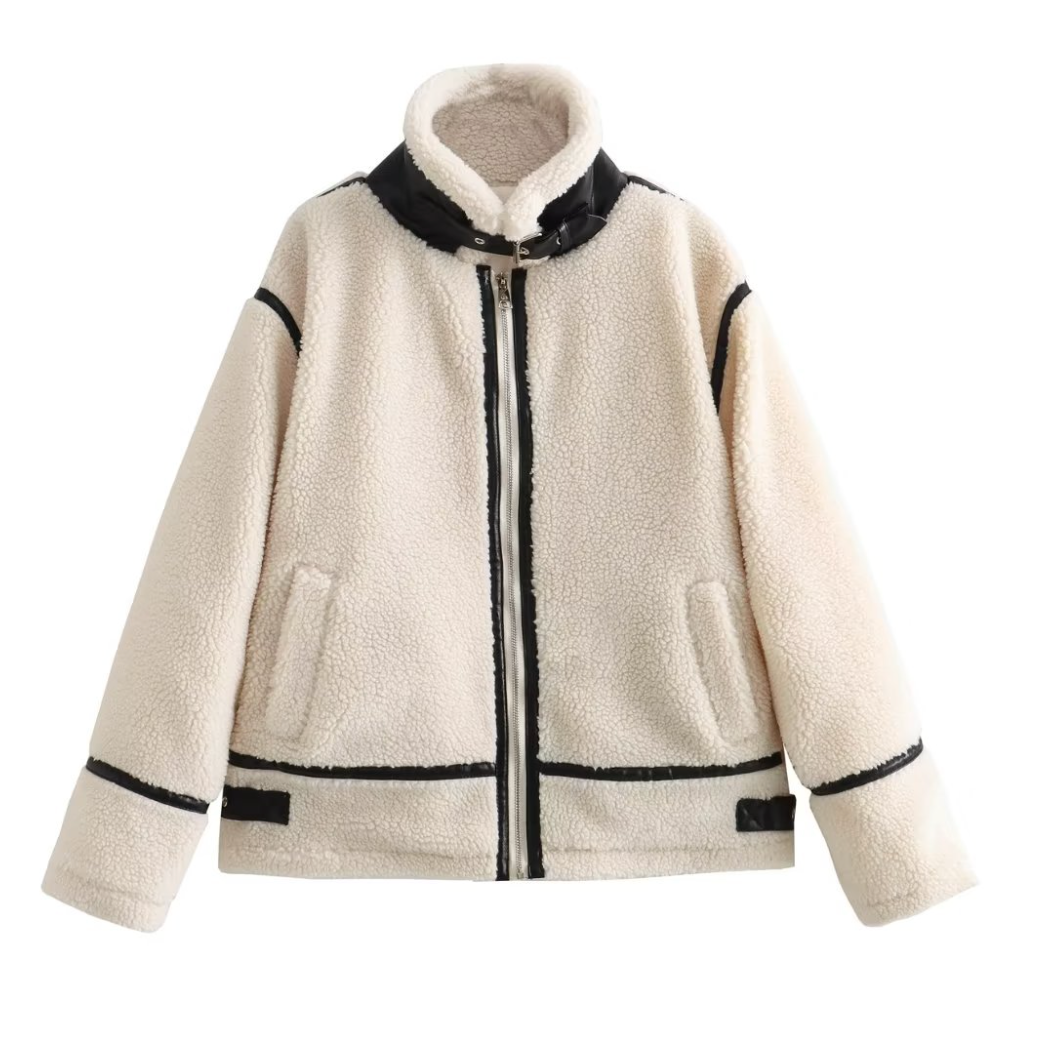 Lur | Cream Sherpa Contrast Trim Aviator Jacket