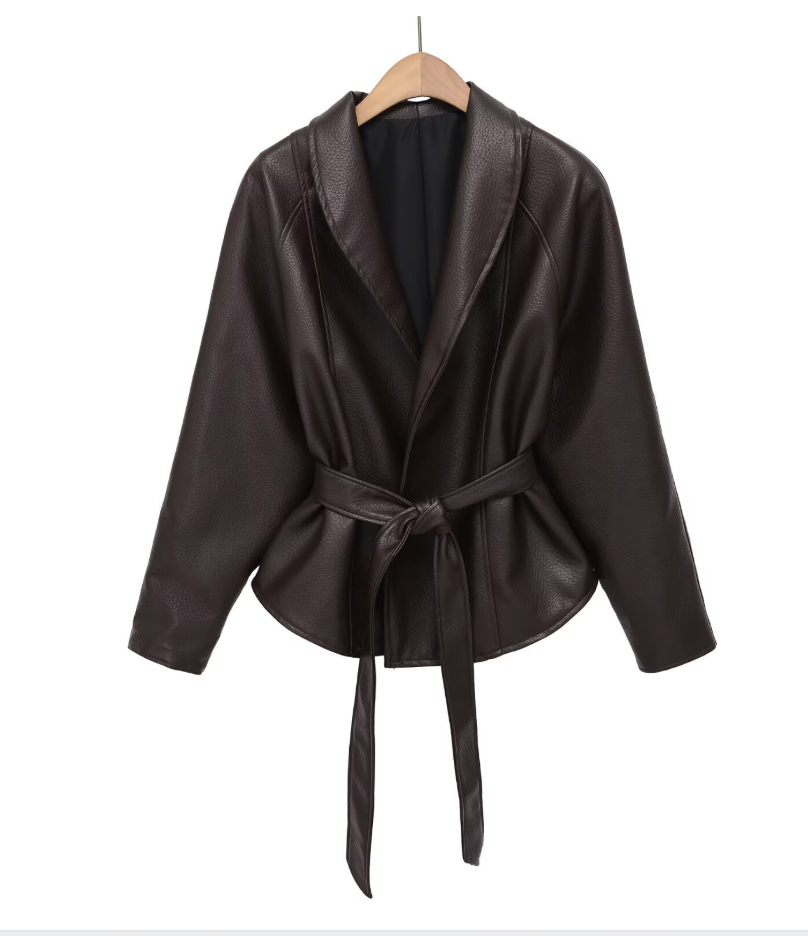 Vox | Faux Leather Belted Stand Collar Jacket