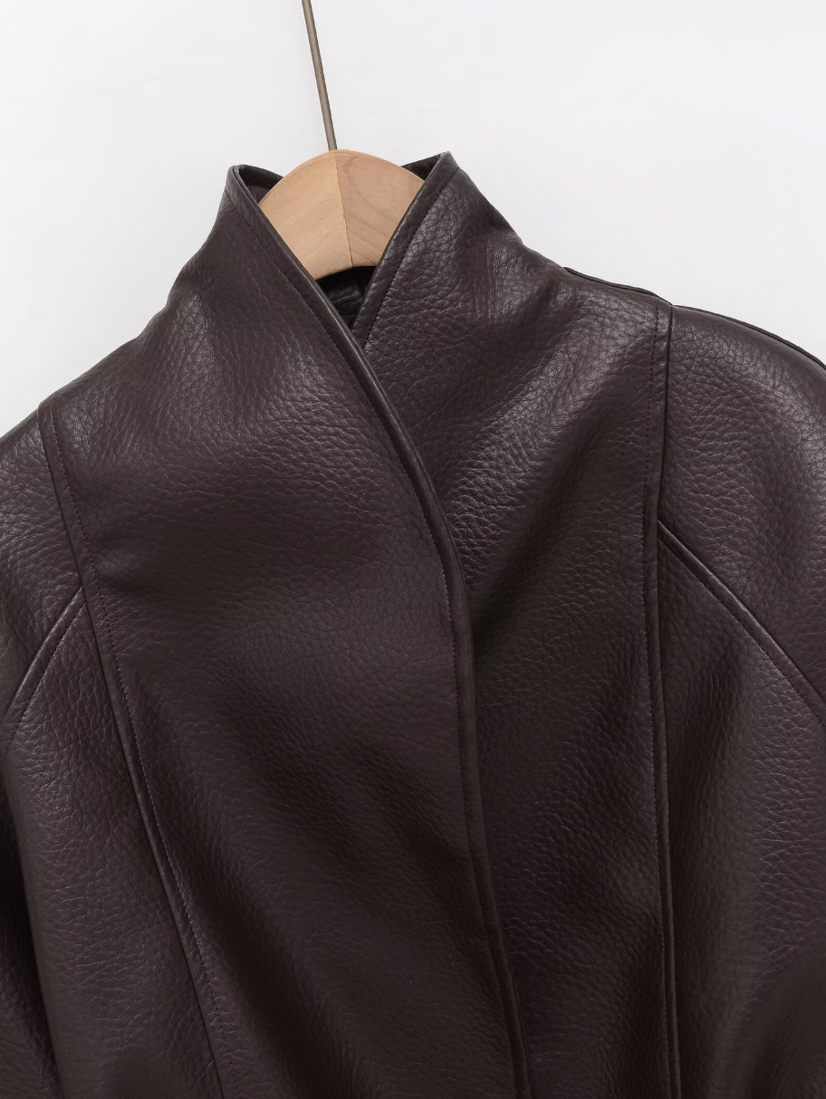 Vox | Faux Leather Belted Stand Collar Jacket