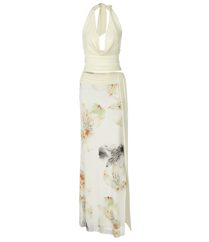 Soar | Light Yellow Halter Crop Top & Wrap Maxi Skirt Set
